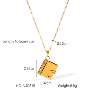 Detailed size specifications for gold book locket necklace with heart relief and chain measurements