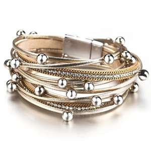 Multilayer leather bracelet with gold and silver chains, crystal rhinestones and magnetic clasp