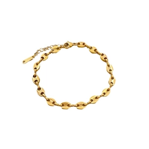 Minimalist gold coffee bean chain bracelet in polished stainless steel with lobster clasp