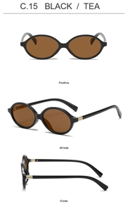 Detailed multi-angle views of black oval cat-eye sunglasses with tea lenses and metal hinges