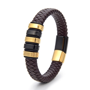 Men's brown braided leather bracelet with black and gold metal rings and magnetic clasp