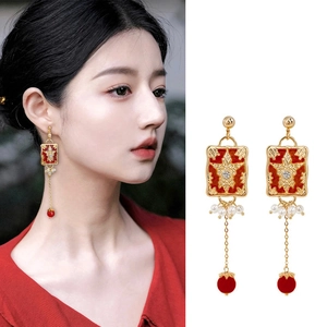 Vintage Palace Style Long Tassel Drop Earrings Flower Square Resin Enamel Rhinestone With 925 Sterling Silver Earring Post