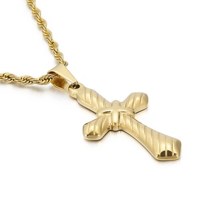 Golden stainless steel cross pendant necklace with textured finish on a rope chain