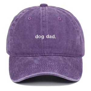 Classic dark purple washed cotton baseball cap with white dog dad embroidery on front
