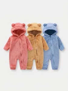 Barboteuses bébé en peluche à capuche rose, kaki et bleu avec oreilles d'ours mignonnes