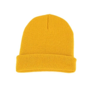 Detailed close-up of a warm yellow knit beanie featuring a classic ribbed texture