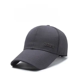 Detail view of dark grey baseball cap with DRPS embroidery and premium textured fabric