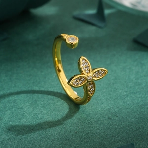 Gold Plated Copper Open Ring Cubic Zirconia Inlaid Four Petal Flower Adjustable Elegant Fashion Jewelry For Women
