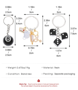 Detailed infographic of resin keychains showing sizes and 19g weight of various charms