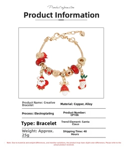 Detailed view of golden Christmas bracelet with Santa charms and material specifications