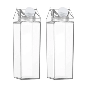 Clear 1000ml square milk box shaped plastic water bottles with white screw caps on white background