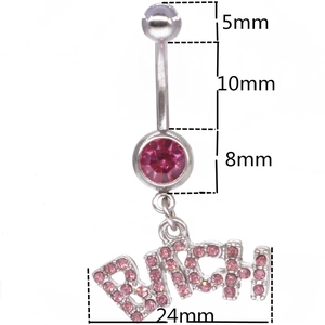 Navel ring with pink rhinestones and letter pendant on a white background main view