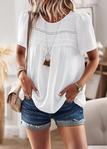 Detail of white short sleeve top featuring lace splicing and polka dot jacquard fabric