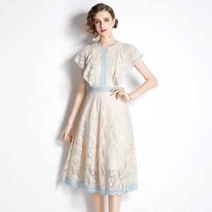 Elegant midi lace dress in beige with blue floral trim and ruffles for a refined look