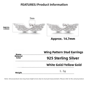 Detailed size specifications of silver wing stud earrings with crystal pave settings