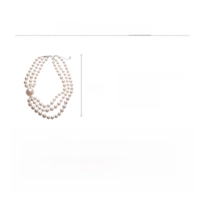 Detailed view of triple-layered imitation pearl necklace with size 60cmx3cm specs