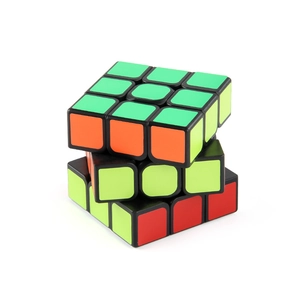 Classic 3x3x3 speed cube puzzle with black base and fluorescent stickers on white background
