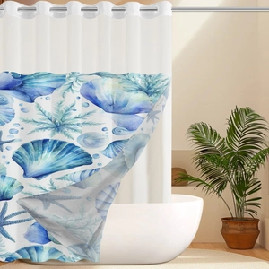 Detail showing the ocean shell and starfish print on waterproof polyester shower curtain