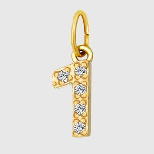 Macro detail of a gold-plated number 1 pendant featuring five sparkling cubic zirconia gems