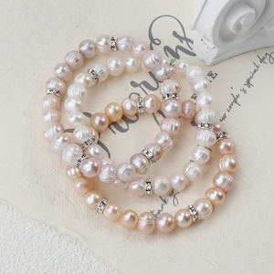 Natural Artificial Pearl Bracelet With Alloy Rhinestone Spacers Elastic Beaded Jewelry For Women Minimalist Elegant