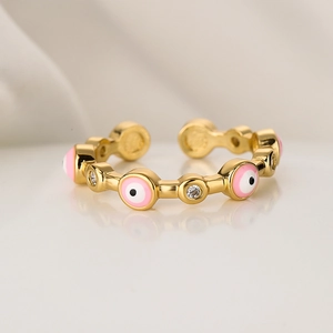 Fashionable gold-plated evil eye ring with pink enamel and sparkling zircon accents