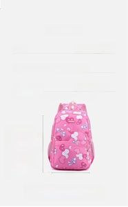 Detailed specs of pink girls backpack showing 46x30x22cm size and 0.44kg lightweight nylon material