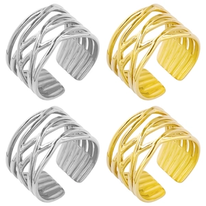 Minimalist 304 Stainless Steel Open Ring Braided Hollow Adjustable Band Ring Gold Silver Plated Titanium Steel Jewelry For Women Men