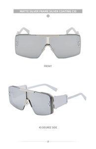 Detail view of steampunk oversized sunglasses with matte silver frame and mesh design
