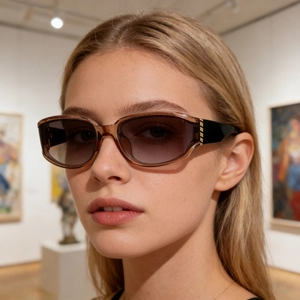Close-up of trendy oversized brown sunglasses with gold metal details on temple