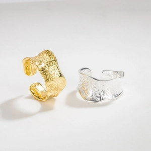 Irregular hammered texture wide open ring in gold and silver finish minimalist style
