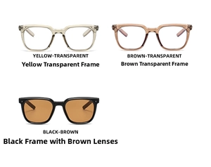 Close-up of three square oversized sunglasses in transparent yellow, brown and black frames