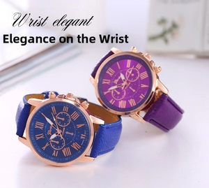 Detailed close-up of navy and purple leather strap watches with rose gold metal casing