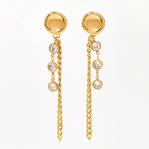 Minimalist gold stainless steel tassel earrings with round studs and sparkling zircon heart
