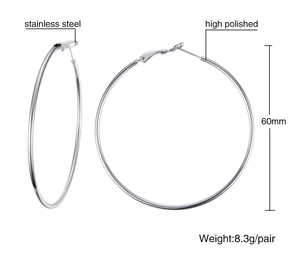Detailed view of 60mm high polished stainless steel hoop earrings with size measurements