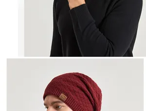 Close-up of wine red knitted beanie with diamond texture and brown leather logo patch