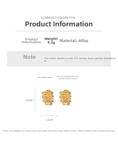 Detail view of irregular textured gold earrings with 1.5cm diameter and 9.3g weight