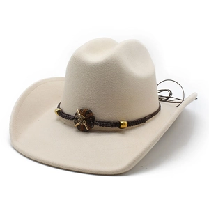 Classic cream western cowboy felt hat featuring a dark braided band and plum floral ornament