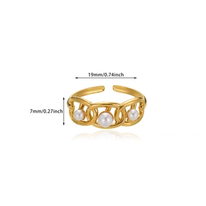 Detail shot of gold chain open ring with white pearls including dimensions 19mm by 7mm