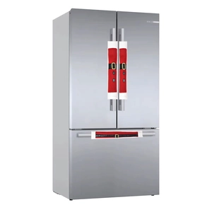 Three-piece red Christmas fridge handle covers with black belt and golden buckle details
