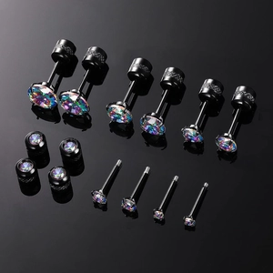 Parure de boucles d'oreilles en acier noir avec zircons arc-en-ciel de plusieurs tailles