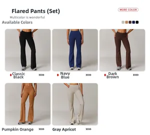 Détails du pantalon de yoga évasé taille haute disponible en cinq couleurs terreuses
