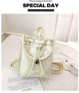 Detail of transparent PVC backpack with drawstring closure and gold metal buckle