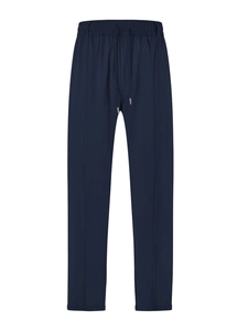 Navy blue men's loose casual trousers with drawstring waist and central crease detail