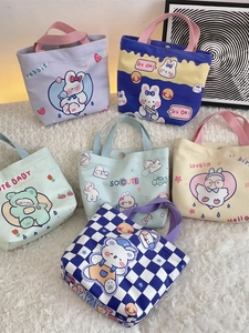 Cartoon Animal Print Canvas Handbag Kawaii Rabbit Bear Pattern Tote Bag With Magnetic Buckle Internal Pocket Daily Casual