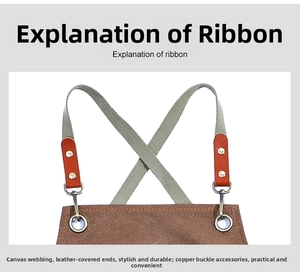 Detail of canvas apron with leather reinforcement and copper buckle on gray straps