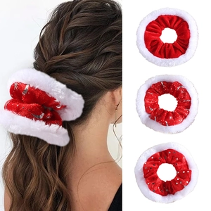 Three-piece Christmas velvet scrunchies set with plush edges and silver foil star patterns
