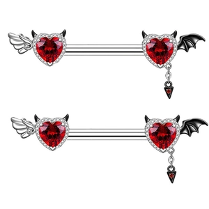 Detail of nipple rings featuring red heart stones with silver angel and black devil wings