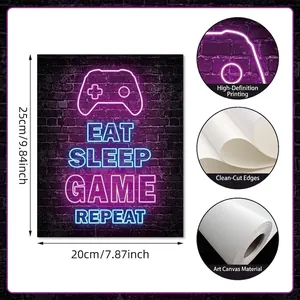 Cyberpunk Eat Sleep Game Repeat neon controller canvas wall art for gaming rooms