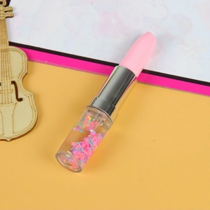 Lipstick shaped liquid sand pen with pink cap and colorful heart sequins in floating water