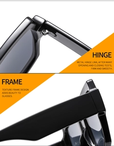 Detailed close-up of durable metal hinges and textured frame on square sunglasses